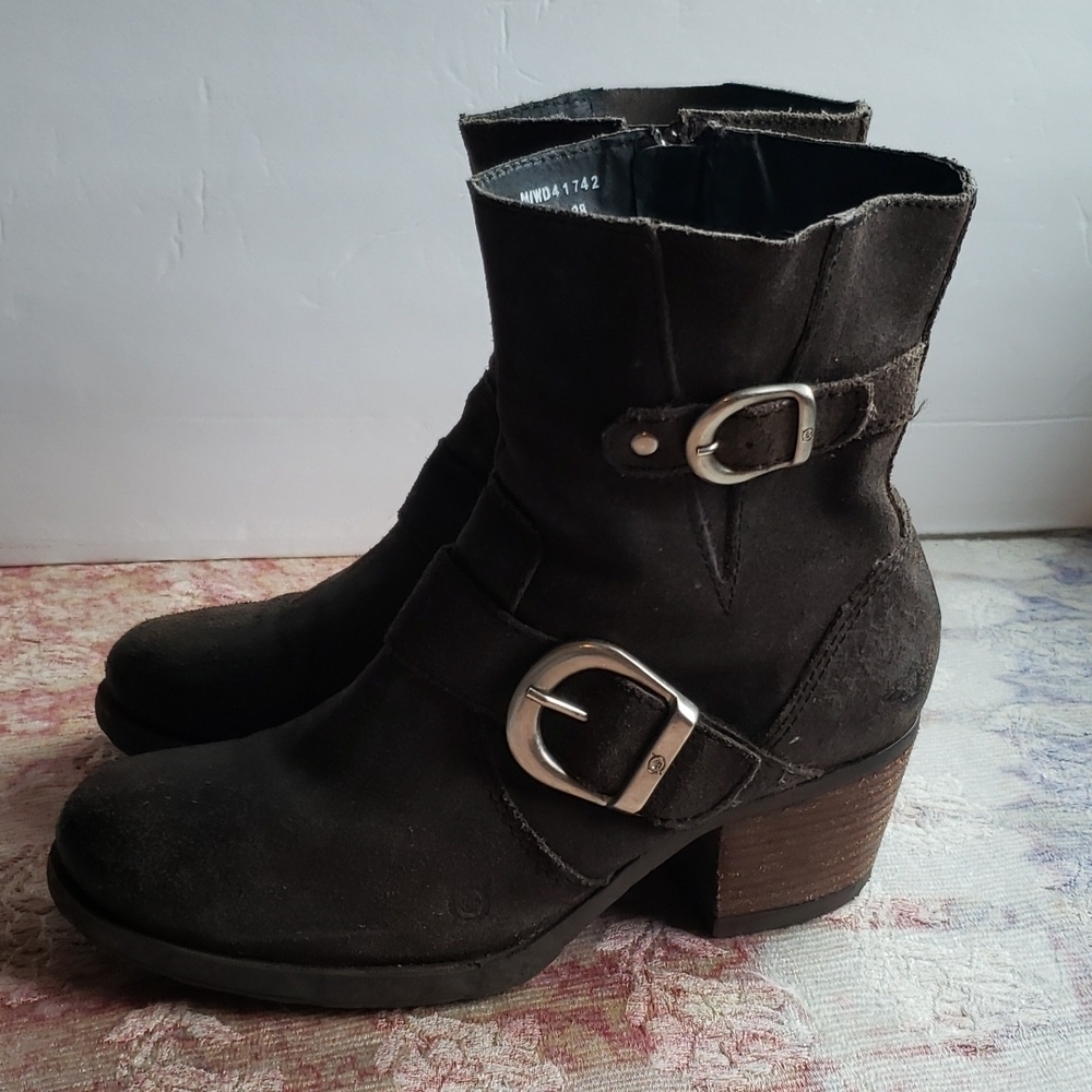 Born Brown Suede Midcaf Block Heel Combat Motor Women's Boots Size 7 - Picture 3 of 7